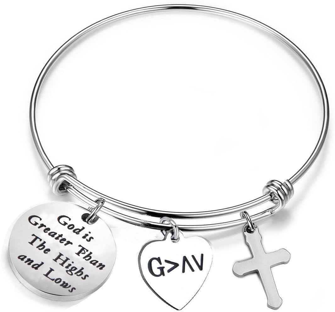 RQIER Christian Bracelet God is Greater than the Highs and Lows Wire Bangle Bracelet with Cross Pendant Religious Jewelry Christian Gifts