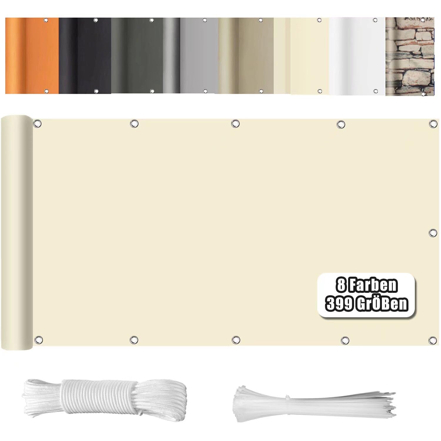 WEALSFUN Balcony Privacy Screen, Balcony Cover (390 Sizes and 8 Colours), Balcony Cladding, No Drilling, Opaque, Wind UV Protection with Eyelets, Cable Ties, Cord, 90 x 500 cm, Cream