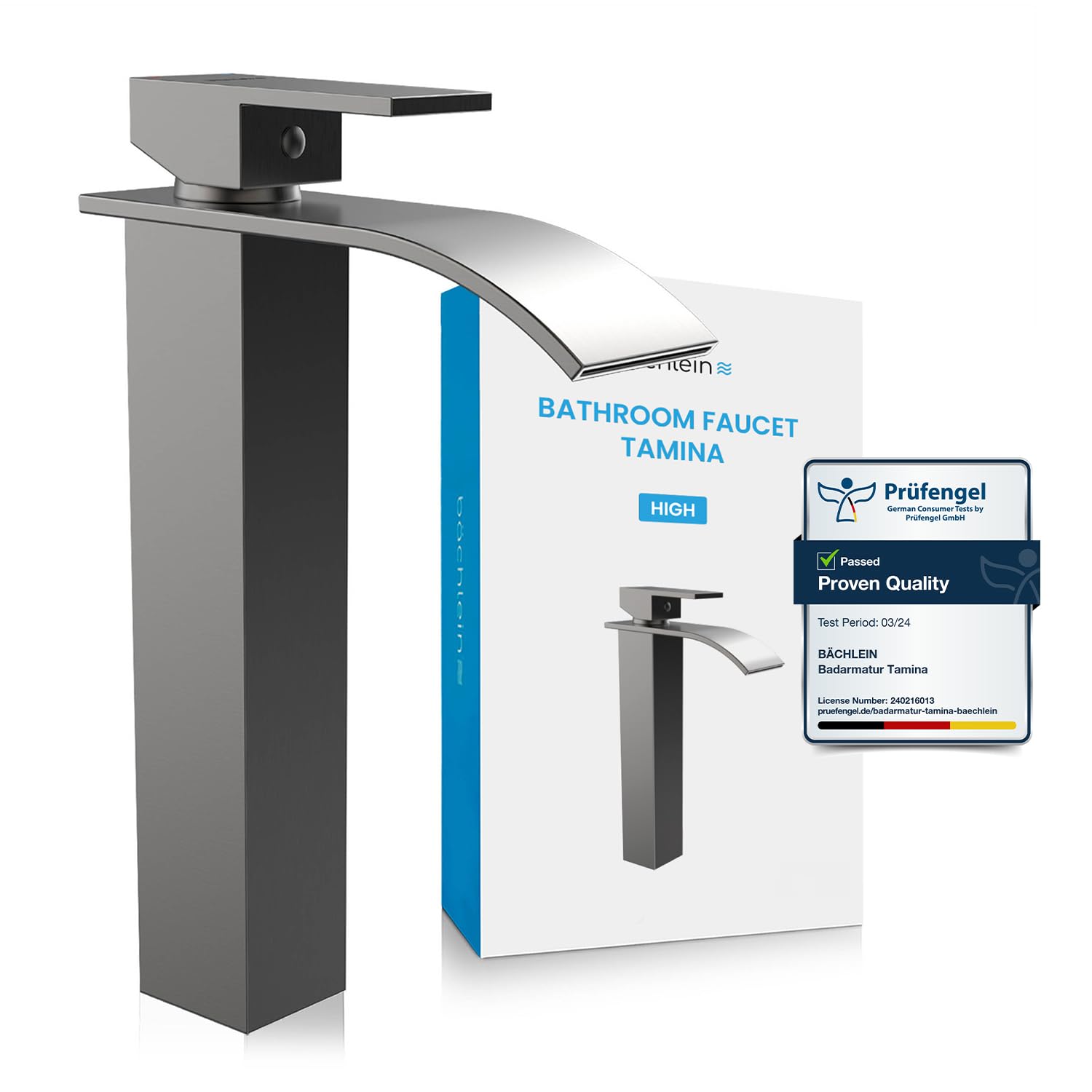 Bächlein Tamina Bathroom Tap Waterfall Design Extra High Single-Lever Mixer Tap with Mounting Kit for Bathroom Sink Anthracite