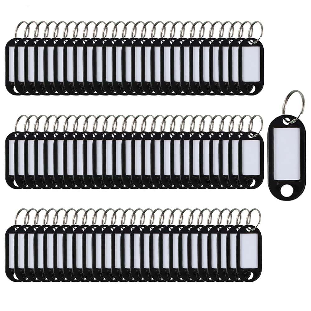 Key Tags 100 Pieces Keyring Tags Key Labels Plastic Key Fobs Id Tags Key Rings Name Tags Luggage Id Labels with Labels Split Ring Keyring (Black)