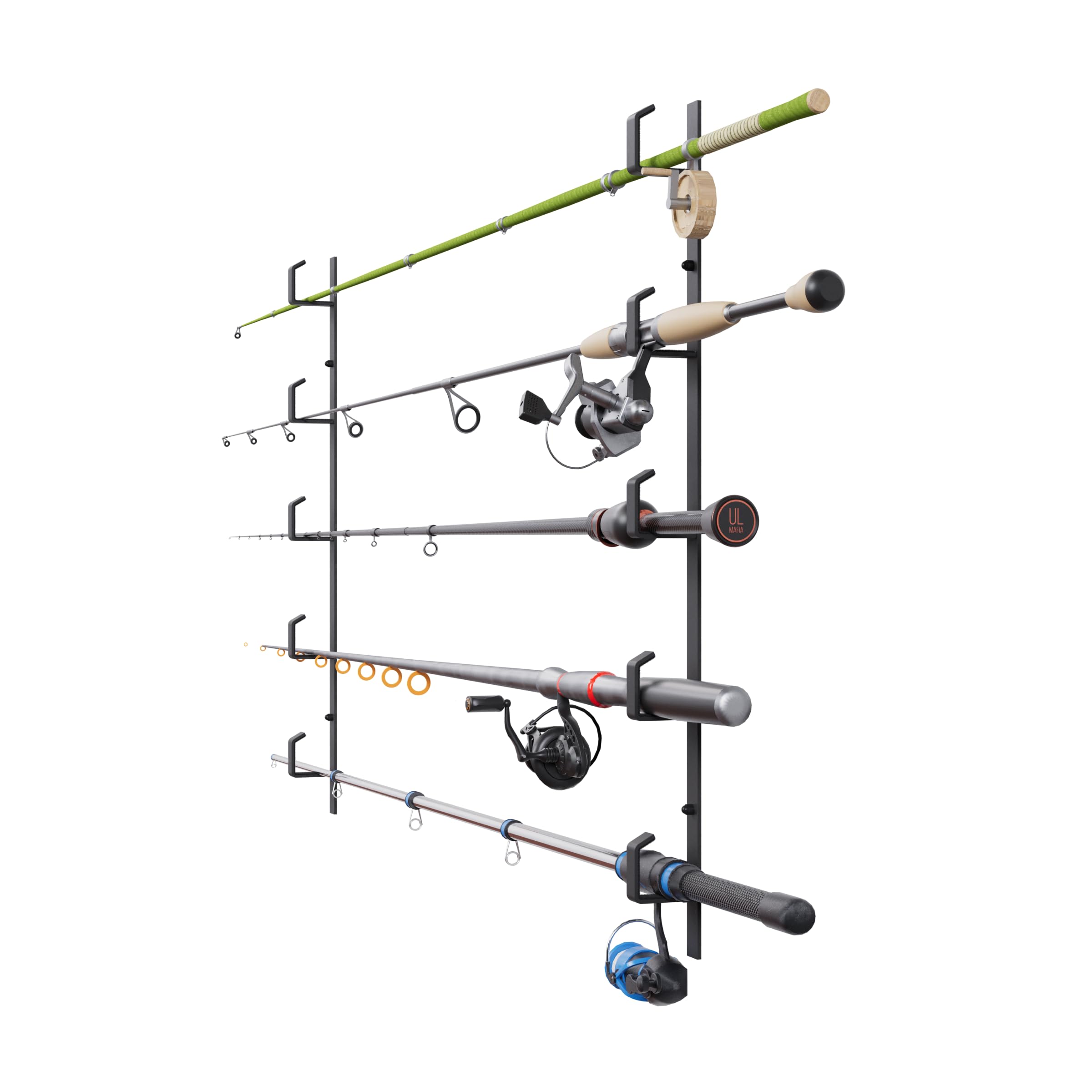 QLS Fishing Rod Holder Rod Holder Rod Stand Wall Ceiling Rod Holder Storage Hooks up to 5 Fishing Rods Steel Powder Coated Black