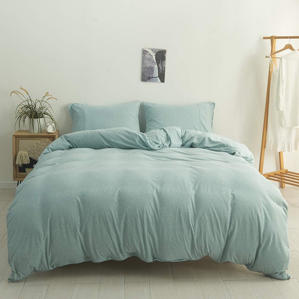 DONEUS Jersey Knit Cotton Duvet Cover King, 3 Pieces (1 Duvet Cover, 2 Pillow Shams)Solid Pattern Aqua Blue Duvet Cover Set, Super Soft Comfy and Easy Care Duvet Cover with Zipper Closure, Corner Ties
