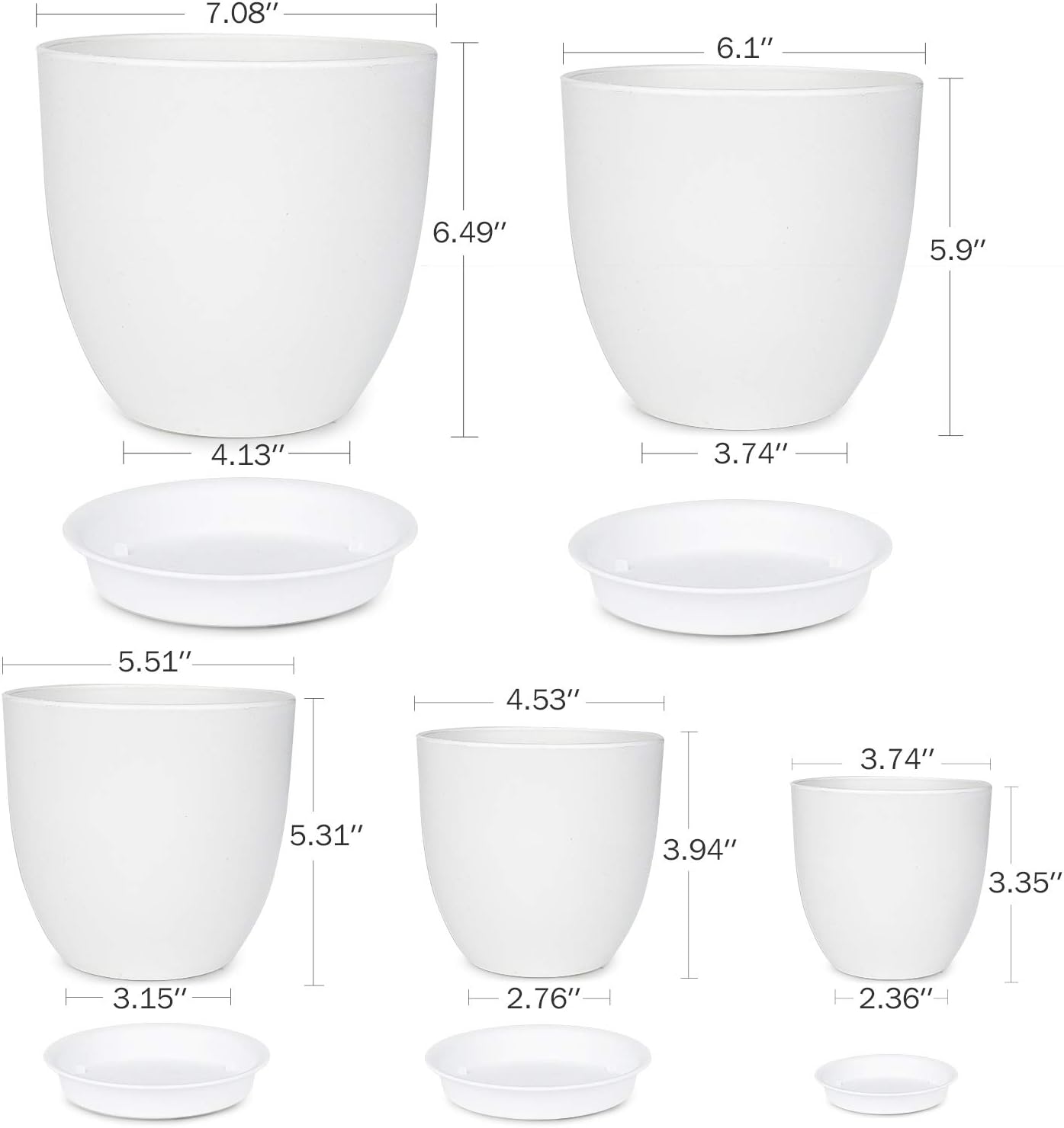 Plastic Planter, HOMENOTE 7/6/5.5/4.5/3.5 Inch Flower Pot Indoor Modern Decorative Plastic Pots for Plants with Drainage Hole and Tray for All House Plants, Succulents, Flowers, and Cactus, White: Kitchen & Dining