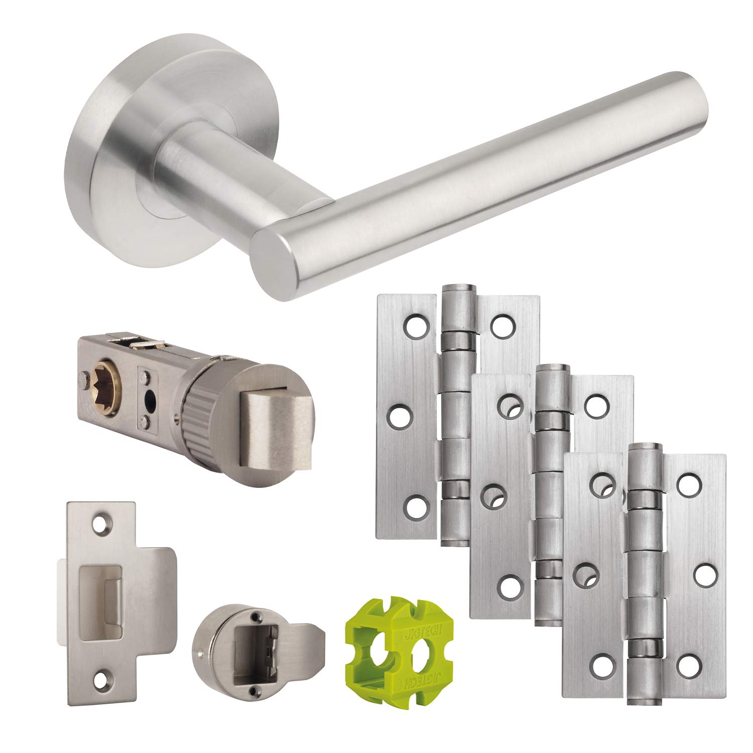 JIGTECH JTB71215 Eden Door Pack, Includes Stylish Satin Chrome Plated Levers on 53mm Dia Round Roses, Hinges, and CE Smart Latch, Perfect for use in Residential or Commercial environments