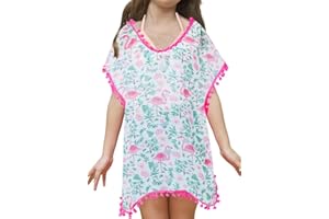 Funnycokid Girls Swimsuit Cover Ups Kids Beach Bathing Suit Coverup Swim Cover Wraps with Pom Pom Trim 3-12 Years