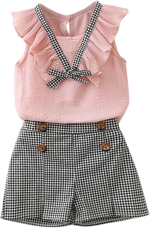 Baby Toddler Girls Spring Spring Clothes Outfits 2-7 Years Old Kid Sleeveless Bowknot Vest Plaid Shorts Pants Set