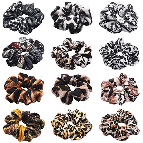 WATINC 12Pcs Hair Scrunchies with Animal Pattern, Snake Printed Traceless Hair Ties, Leopard Printed Strong Elastic Hair Bobbles for Ponytail Holder, Hair Accessories Ropes Scrunchie for Women