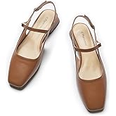 C.Paravano Slingback Flats | Slingback Sandals for Women | Square Toe Flat | Sandals Flats | Block Heel Slingback Sandals | Adjustable Ankle Strap Shoes(Size 9.5,New Brown)