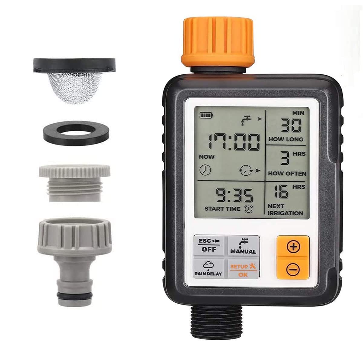 johgee Water Timer Garden Lawn Tap Sprinkler Timer Irrigation System Controller/Child Lock Mode/Auto&Manual Mode/Rain Delay/3”Large Screen/IP65