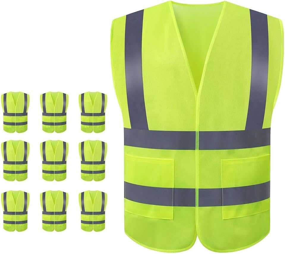 JSungo High Visibility Safety Vest 10 Pack, ANSI Class 2 Identification Security Vest with 2 Inch Reflective Silver Strip, Velcro Construction Vest for Night Running, Jogging, Cycling Walking (Yellow) - - 