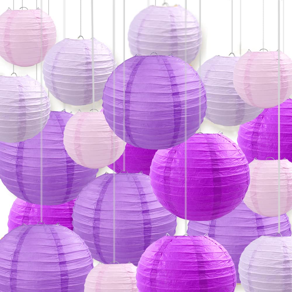 Newthinking 20PCS Hanging Paper Lanterns, 6" 8" 10" 12" Round Purple Paper Lantern Decorations with Hanging Line for Weddings Decoration, Indoor and Garden Party Decoration