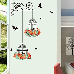 BIBITIME 2 Flower Wreath Birdcages with Black Birds Wall Decal Vinyl Butterfly Sticker for Office Window Living Room Porch Door Back Kitchen Bedroom DIY Art Mural