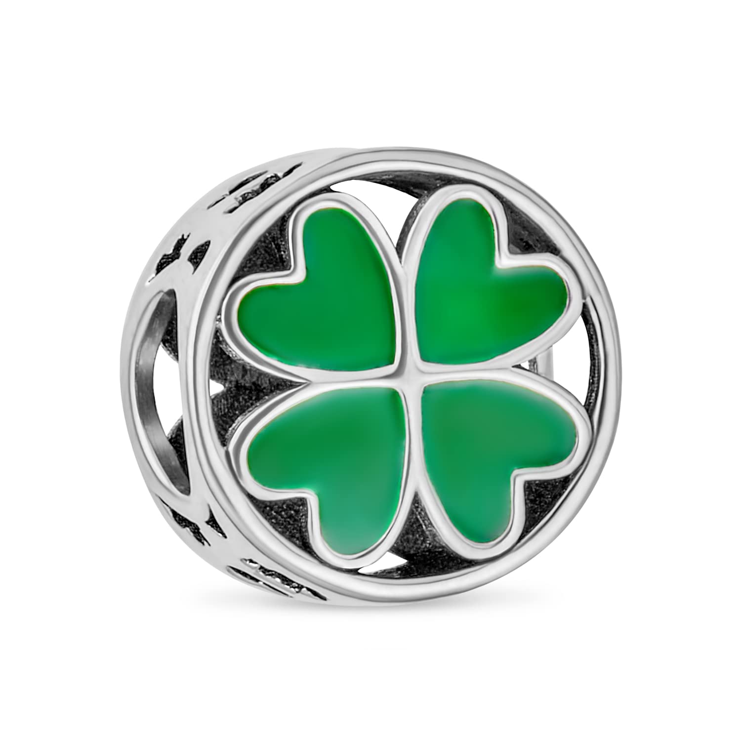 Bling Jewelry Good Luck Lucky Round Irish Shamrock Enamel Green Heart Clover Charm Bead For Women Teens .925 Sterling Silver Fits European Bracelet