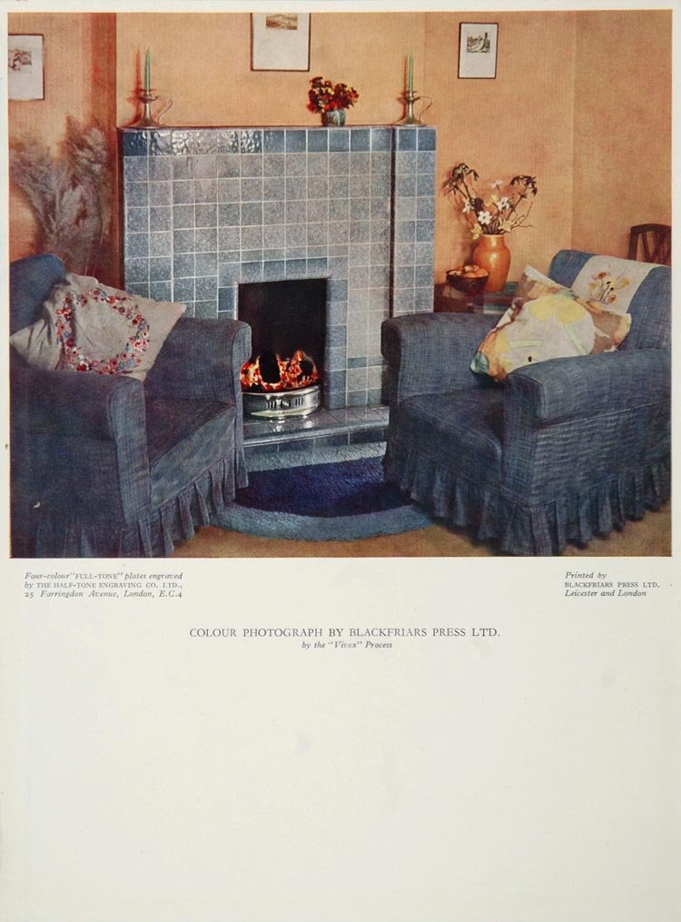Galleon 1934 Living Room Fireplace Mantel Armchairs Color Print