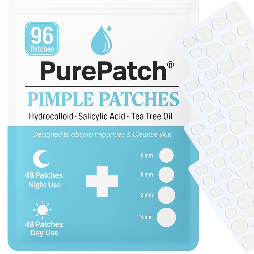 PurePatch Pimple Patches - 96 Hydrocolloid Spot Patches with Salicylic Acid & Tea Tree Oil, 3 Sizes, Night & Day Acne Treatment Pack, Ultra Thin Day & Thick Night, Easy Removal Perforated Sheets