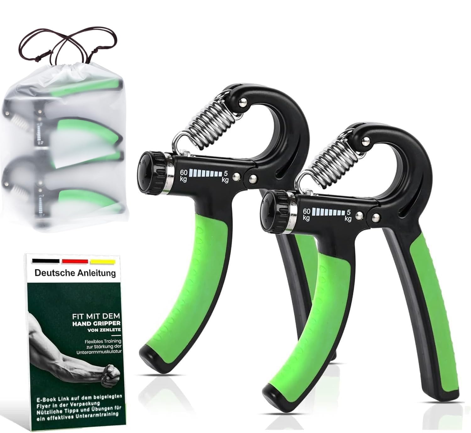 zenlete Profi Fitness Handtrainer, 2-er Set Fingerhantel einstellbar von 5-60 kg, Fingertrainer Unterarm-Trainer Trainingsgerät mit starker Feder für mehr Griffkraft + E-Book mit Übungen