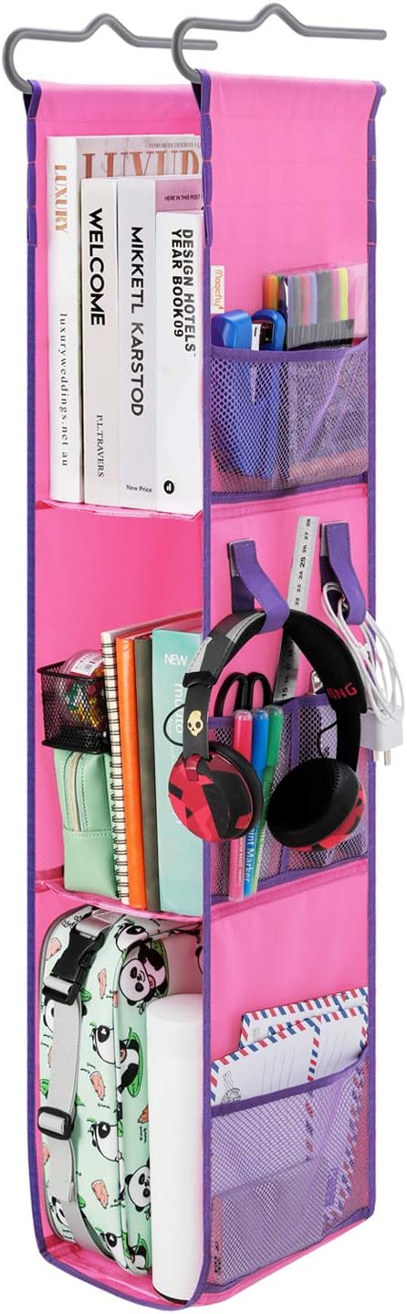 Magicfly Hanging Locker 3 Shelf for School, Tear-Resistant Locker Ladder Organizer for Work, Gym Storage, 20-38" x 5.5" x 8.9", Adjustable Closed Back Locker Shelf, Pink with Purple Trim