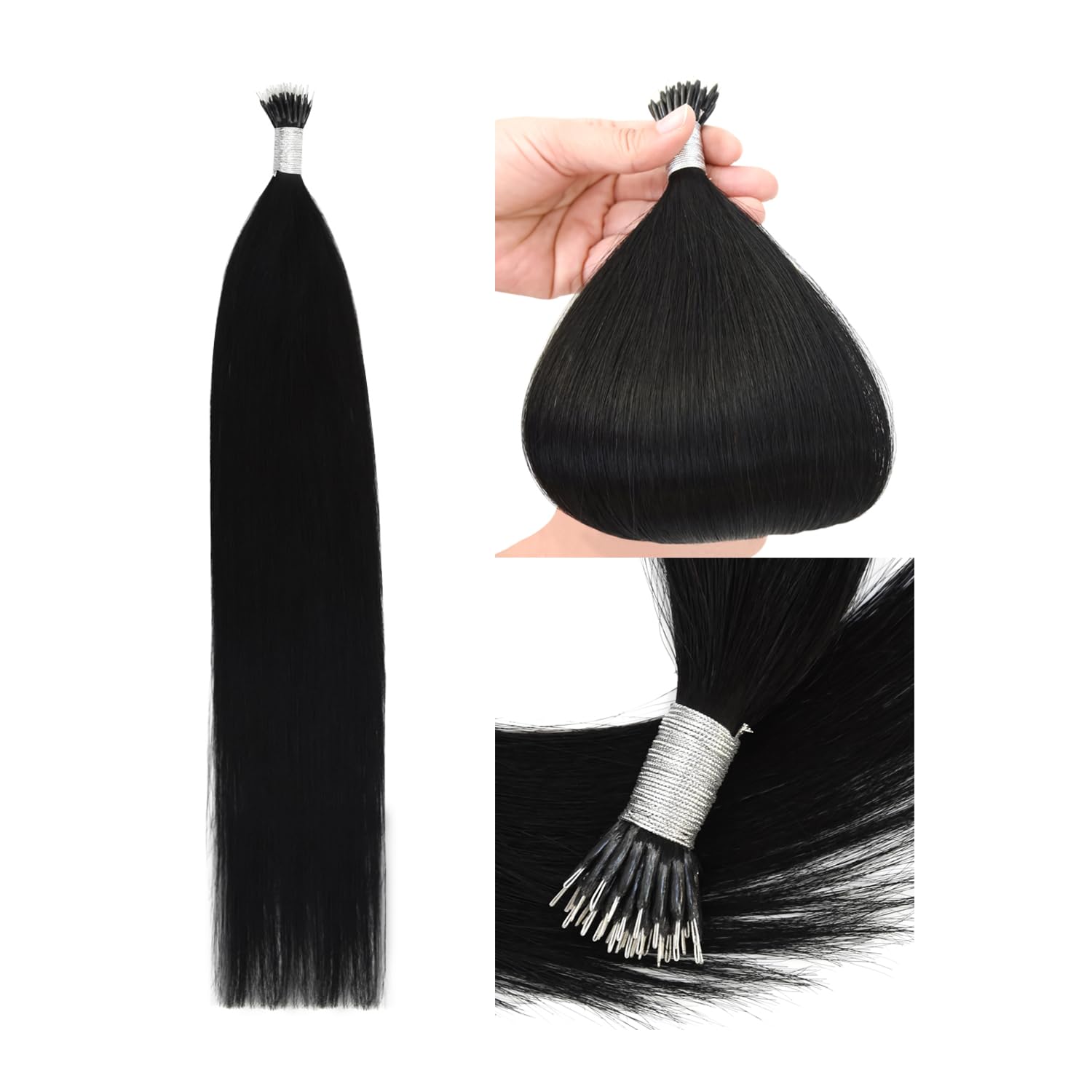 Nano Ring Tip Hair Extensions Real Human Hair Nano Beads 50g Remy Hair Extensions (18 Inch #1 Black)
