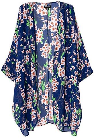 IWISHME Women's Floral Print Sheer Chiffon Loose Kimono Cardigan Cover-ups (M, Navy Blue)