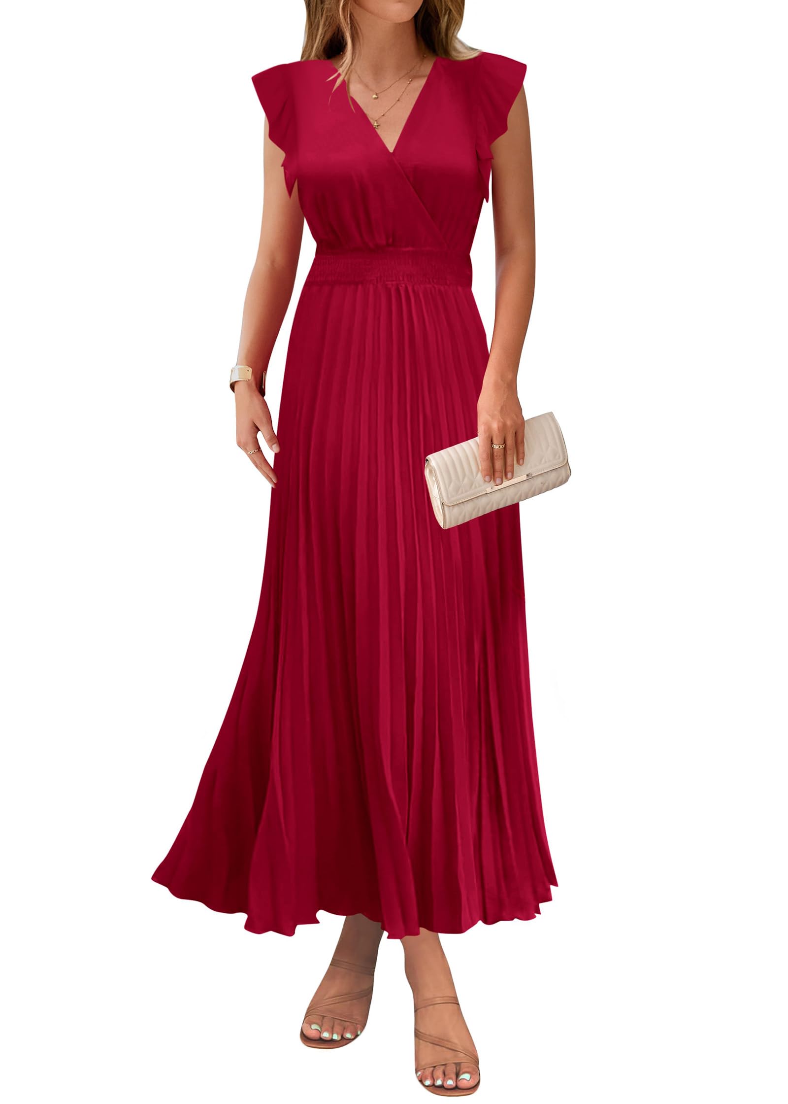 Photo 1 of KIRUNDO Women's Summer Maxi Dresses Elegant V Neck Ruffle Flutter Sleeves Empire Waist Pleated Flowy Wedding Guest Dress (Red, Small)