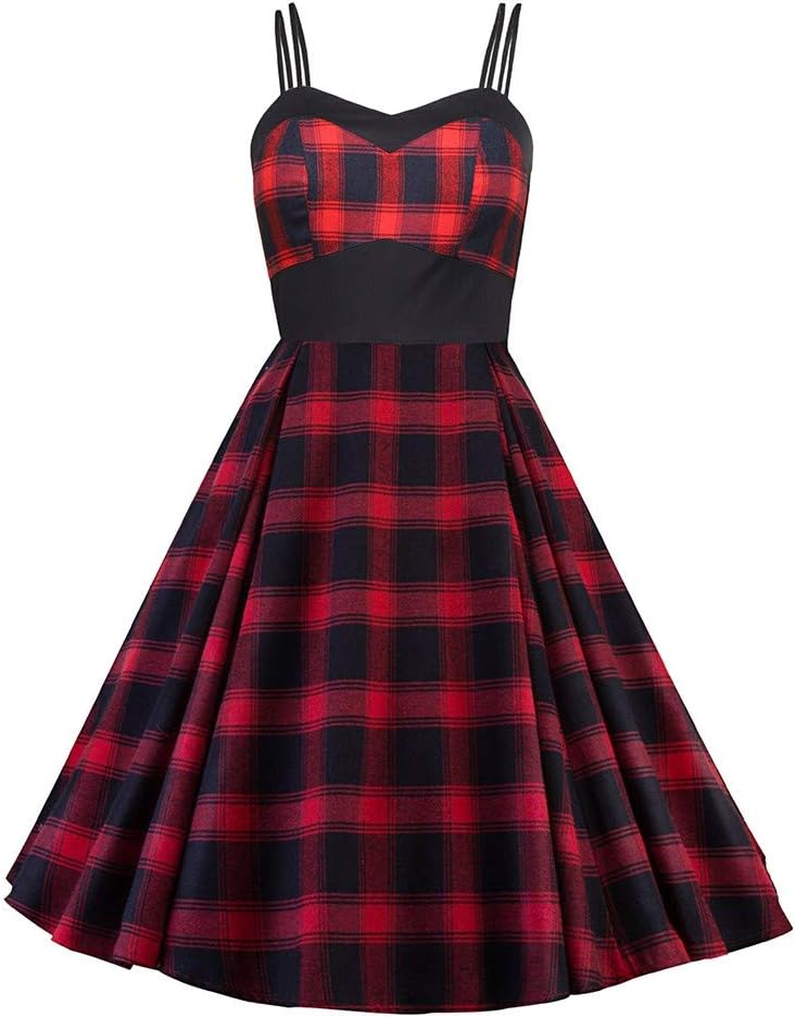 Plaid Spaghetti Strap Dress for Women Plus Size Homecoming 1950s Cocktail Party Swing Dreses Gowns
