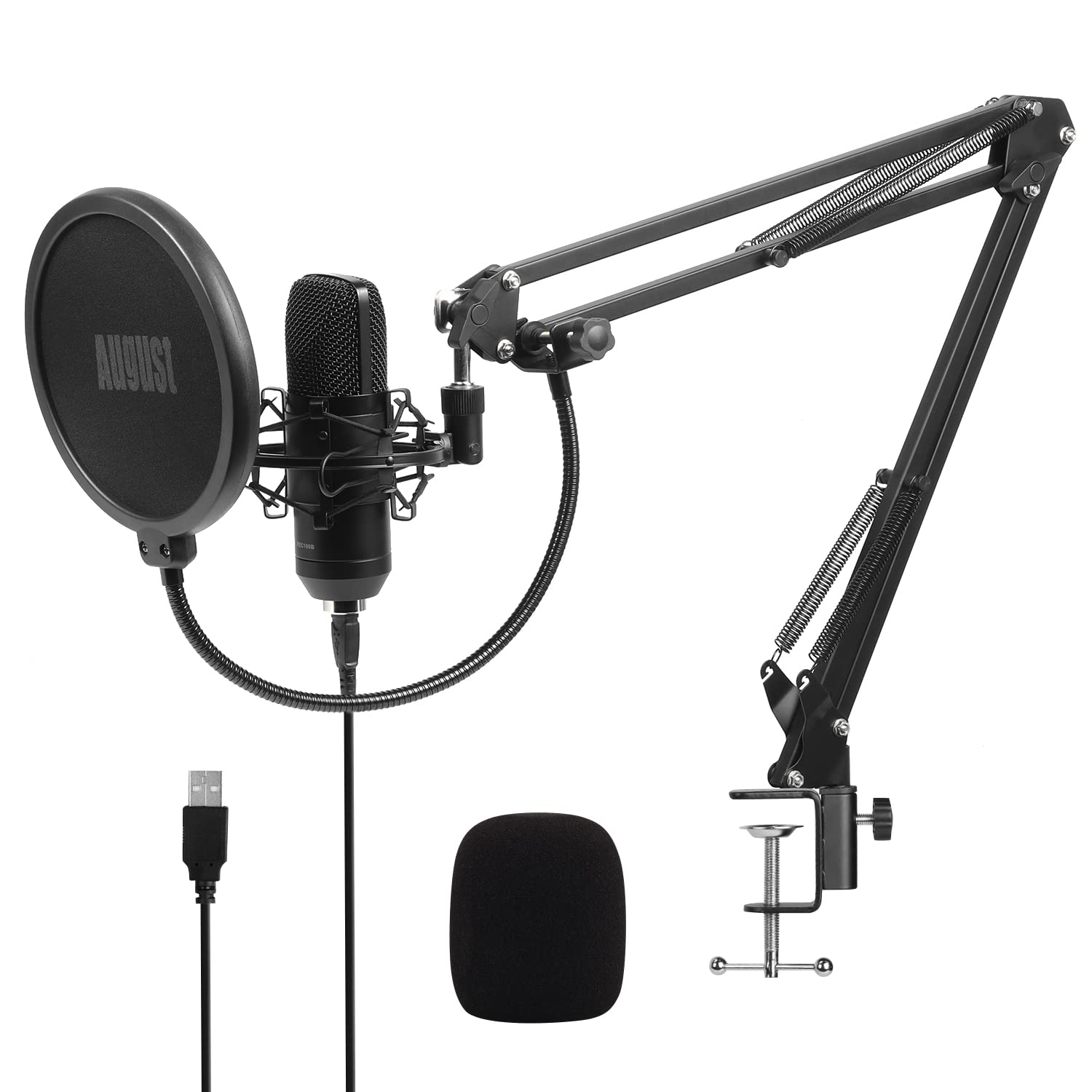 August REC100 USB Condenser Microphone with Boom Arm, Pop Filter & Shock Mount - Professional Cardioid Mic Kit for PC, Laptop, Gaming, Streaming, Podcasting, Recording, YouTube, TikTok, Discord, PS5