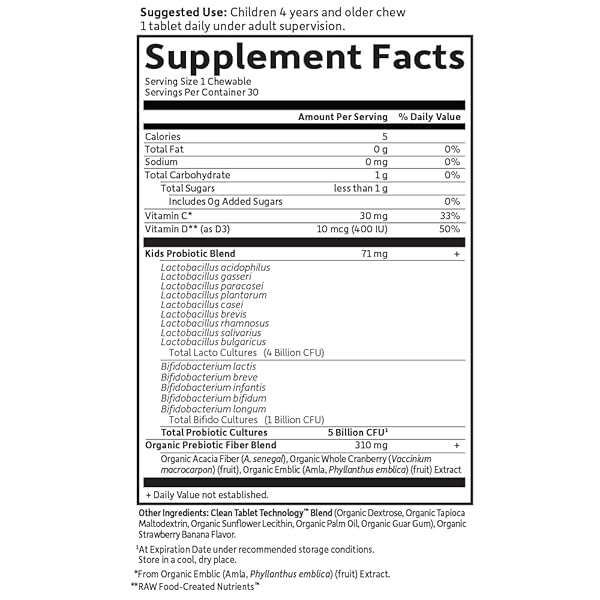 GARDEN OF LIFE KIDS PROBIOTICS, DR. FORMULATED PROBIOTICS ORGANIC KIDS+ VITAMIN C & D, STRAWBERRY BANANA, GLUTEN DAIRY & SOY FREE IMMUNE & DIGESTIVE HEALTH SUPPLEMENT, 30 CHEWABLES (SHELF STABLE)