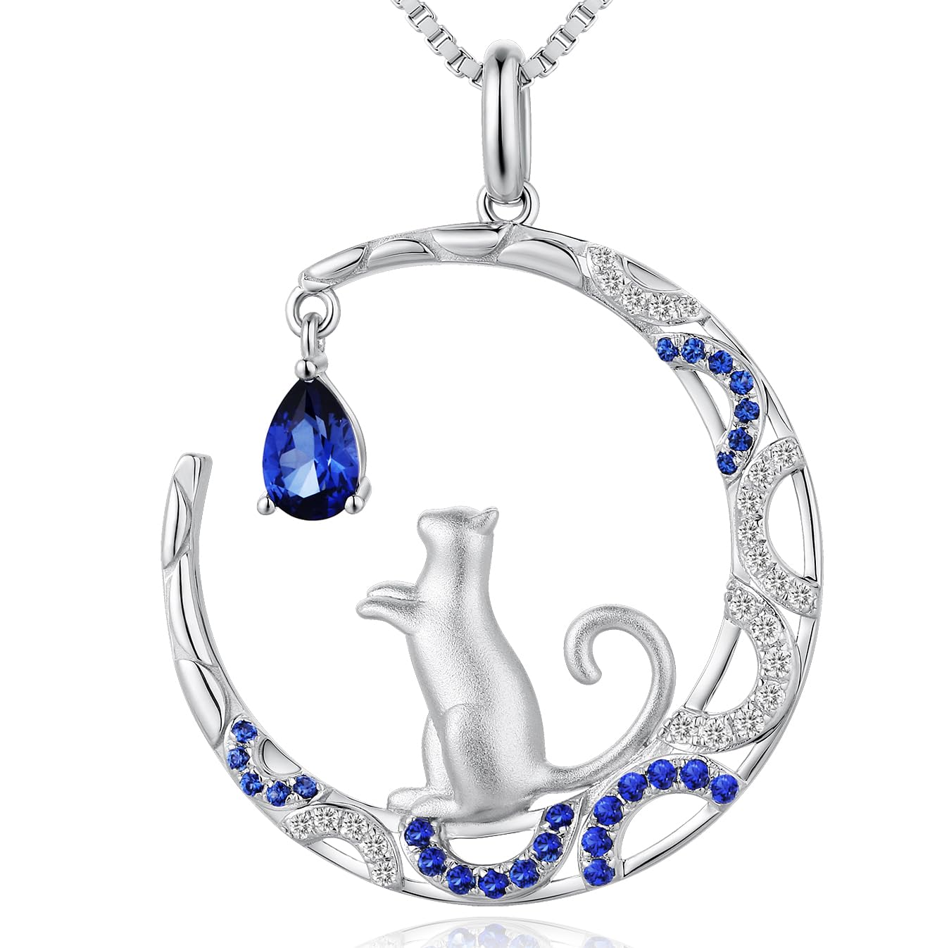 jiamiaoi Cat Necklace 925 Sterling Silver Cat on Moon Necklace Cat Pendant Cubic Zirconia Diamond Cat Necklace White Gold Plated Cat Jewelry