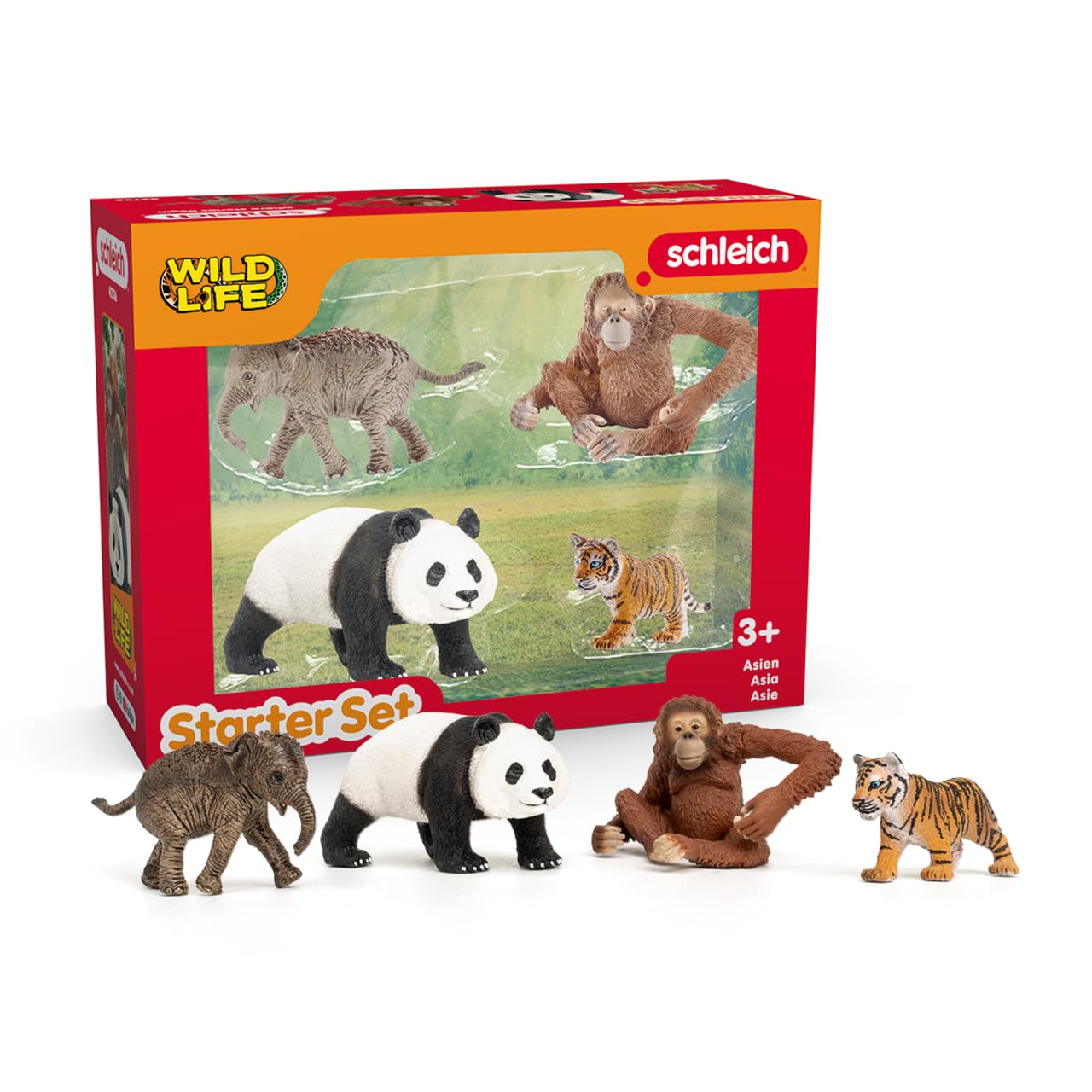 SCHLEICH Wild Life Asia Starter Set – 4-Piece Miniature Wildlife Animal Set for Ages 3+, Featuring Elephant Calf, Giant Panda, Orangutan, and Tiger Cub