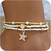 CLOORDE 3 Pcs Shell Anklet Set for Women Adjustable Boho Beaded Anklets Sea Shell Starfish Sea Turtle Ankle Bracelets Summer Beach Chainlets Hawaiian Foot Jewelry Accessories