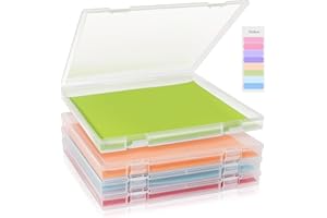 FAAYUCK 12x12 Inch Scrapbook Paper Storage, 4 Pack Plastic File Storage Box Set with Colorful Tab, Stackable Craft Organizer for Paper File, Photo, Craft Supply, Board Game, Office Supply, Vinyl Sheet