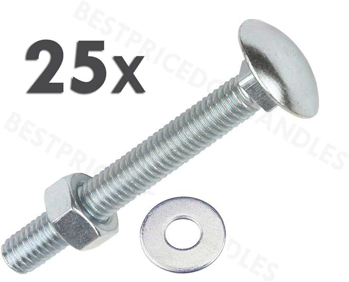 Coach Bolts M6 x 30mm Pack of 25 Carriage Bolts with Hex Nuts and