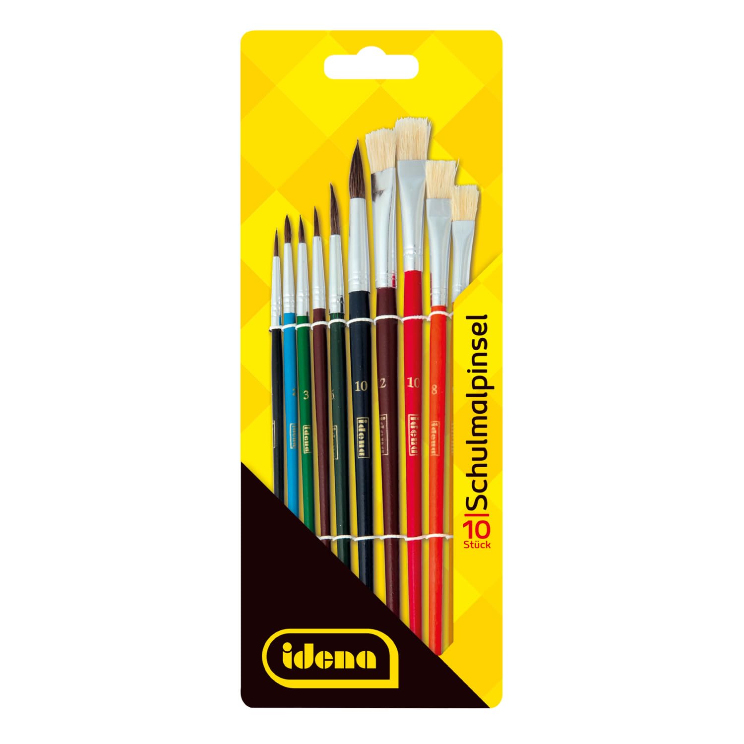 Idena 60103 School Brush Set with 6 Round Brushes and 4 Bristle Brushes, Varnished Set of 10