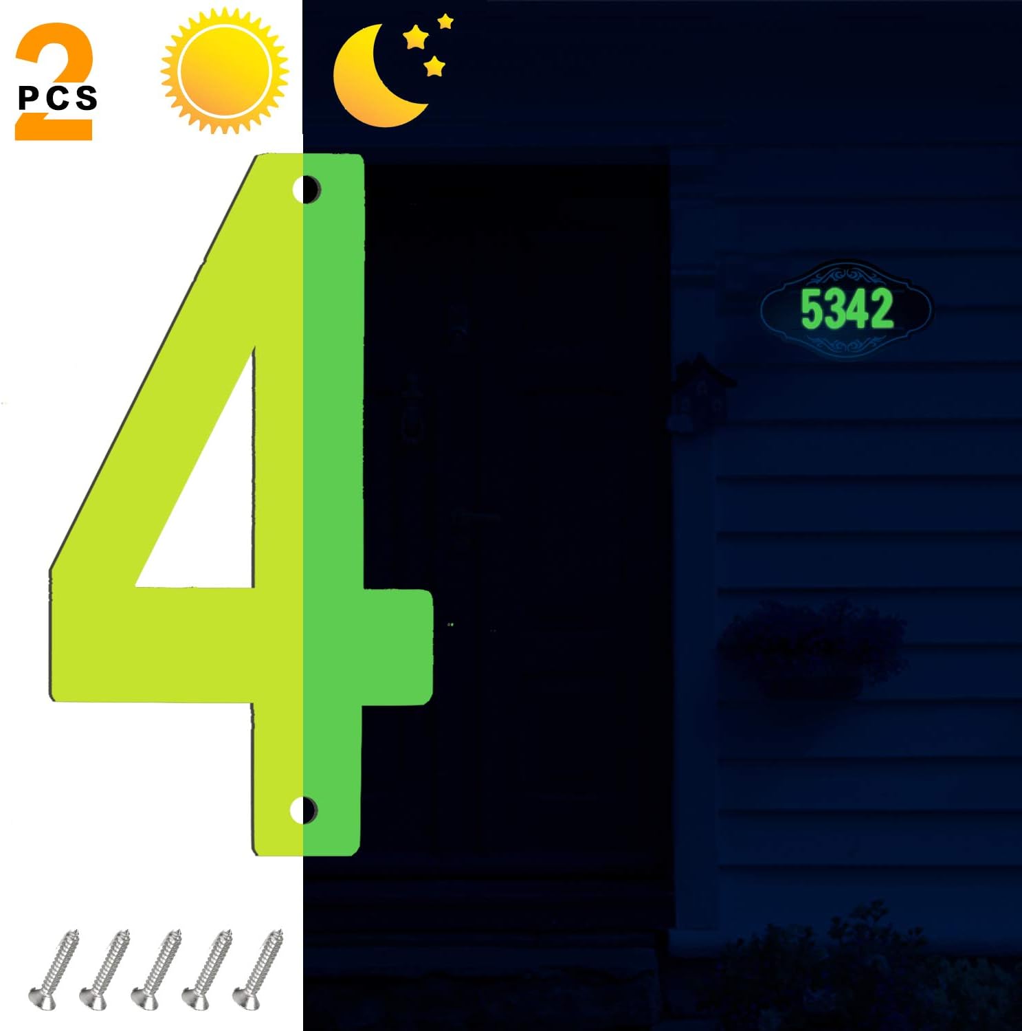 Glow in The Dark House Numbers 4, Fluorescent Stainless Steel Address