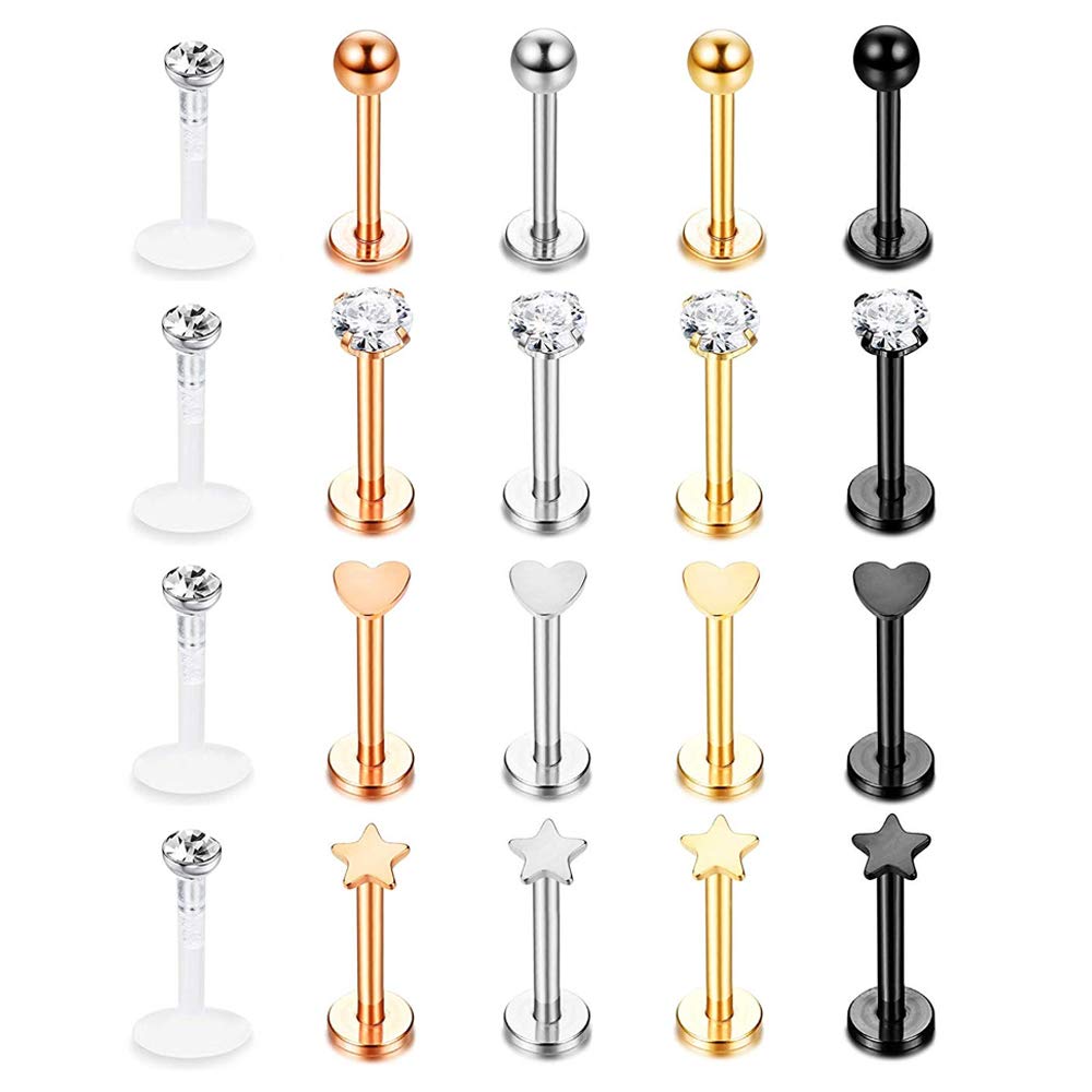 16G Labret Lip Rings, 3mm 4mm CZ Forward Helix Earring, Stainless Steel Cartilage Tragus Earrings Studs, Monroe Piercing Jewelry for Women Men (E:20pcs,Mix Styles)