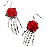 Vavious Halloween Earrings for Women Skeleton Hand Red Rose Earrings Vintage Gothic Silver Drop Dangle Earring with Skull Hand Halloween Horror Party Costume Punk Jewelry