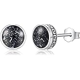 Black Stud Earrings for Men,925 Sterling Silver Myths Legends Studs Roud Black Earrings Mens Jewelry Celtic Studs Viking Runes Earrings Gift for Men Women 10mm