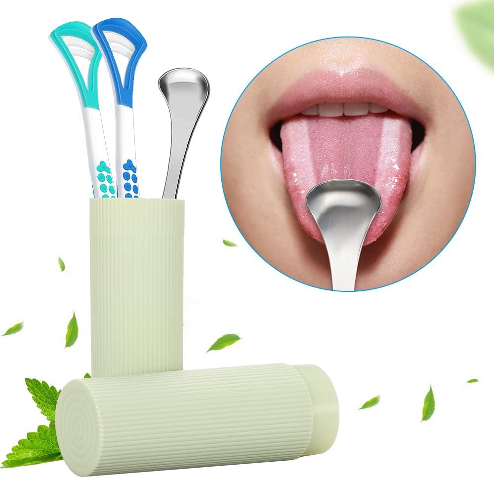 Tongue Cleaner for Fresh Breath, 3 Pack Anti Bacterial Tongue Scraper Plastic & Stainless Steel, Tongue Scraping Brush for Oral Care, Inhibiting Bad Breath with Non-slip Grip Carry Case