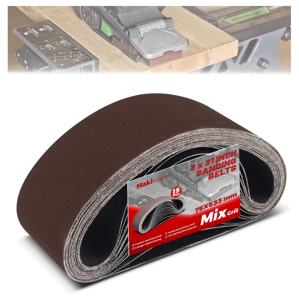 75 x 533 mm Sanding Belts Set - 15-Pack with 80/120/150/240/400 Grits, Aluminum Oxide Abrasive Belts for Woodworking