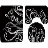 3 Piece Bath Rugs Set,Octopus Tentacles Nautical Decor Octopus Ocean Kraken Costal Marine Bathroom Carpet Water Absorbent U-Shape Contour Rug Mat Toilet Lid Cover for Bath