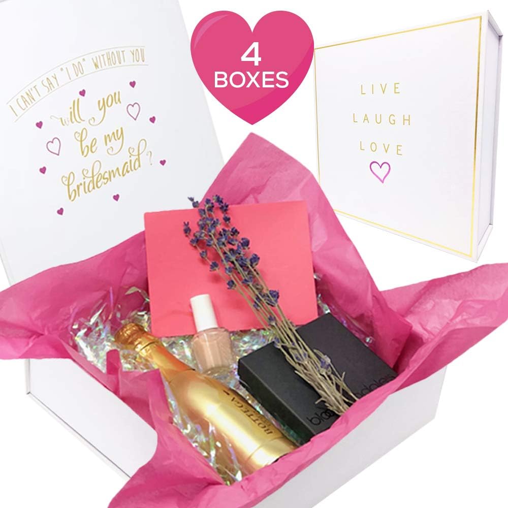 Bridesmaid Proposal Box: Set of 4 Empty White Square Boxes with Lids | “Will You Be My Bridesmaid” in Gold and Pink Foil | Premium Paper and Cardboard | Fits Gifts and Favors Like Mini Wine Bottle