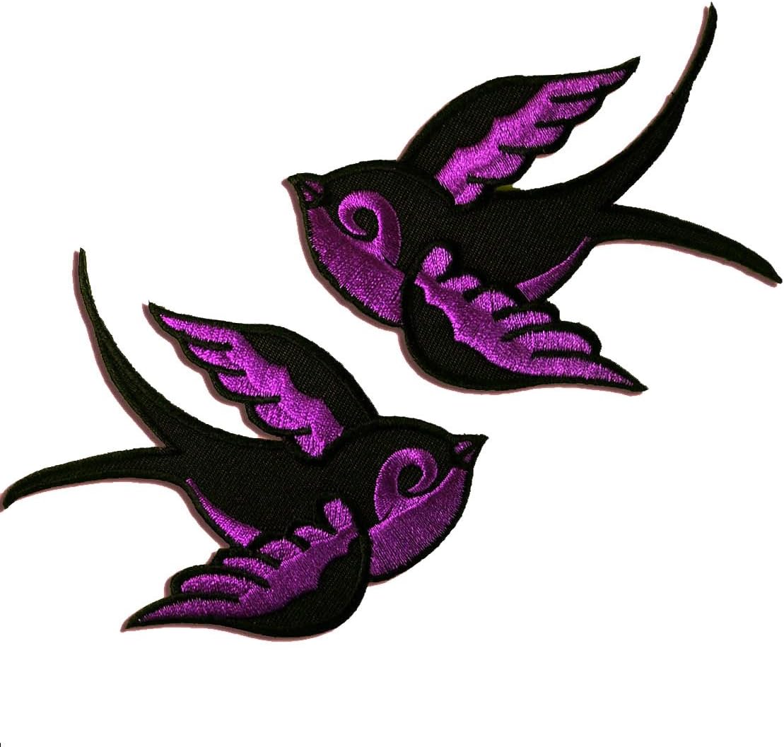 2 Purple Sparrows Bird Tattoo Rockabilly Embroidered Iron on Patch
