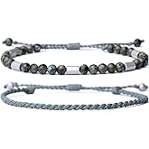 Handmade Black Waterproof Rope Beaded Adjustable Bracelets for Men - Natural Lava & Hematite Beads-Mens Beach Jewelry Bracelet Set