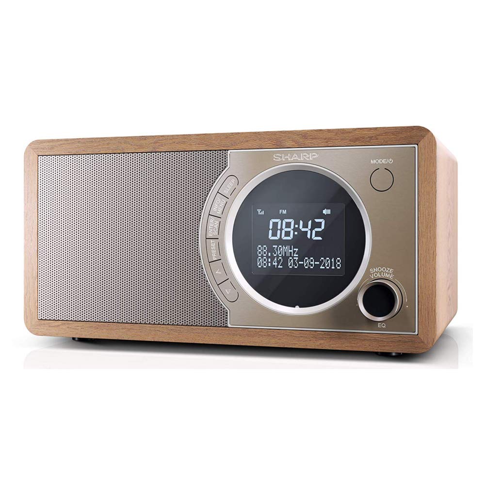 SHARP DR-450(BR) Digital Radio with DAB/DAB+/FM, Bluetooth 4.2, 20 Station Presets, Alarm & Snooze, Wooden Speaker Housing, and LCD Display - in Brown