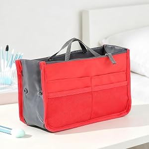 13 Pockets Purse Organizer Insert, Updated Purse Handbag, Medium (Red) | with Multi Mesh Pockets and Secure Zipper, Portable
