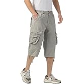 DGWZ Mens Long Cargo Shorts Below Knee 3/4 Stretch Twill Cotton Relaxed Fit Elastic Waist Cargo Shorts for Men