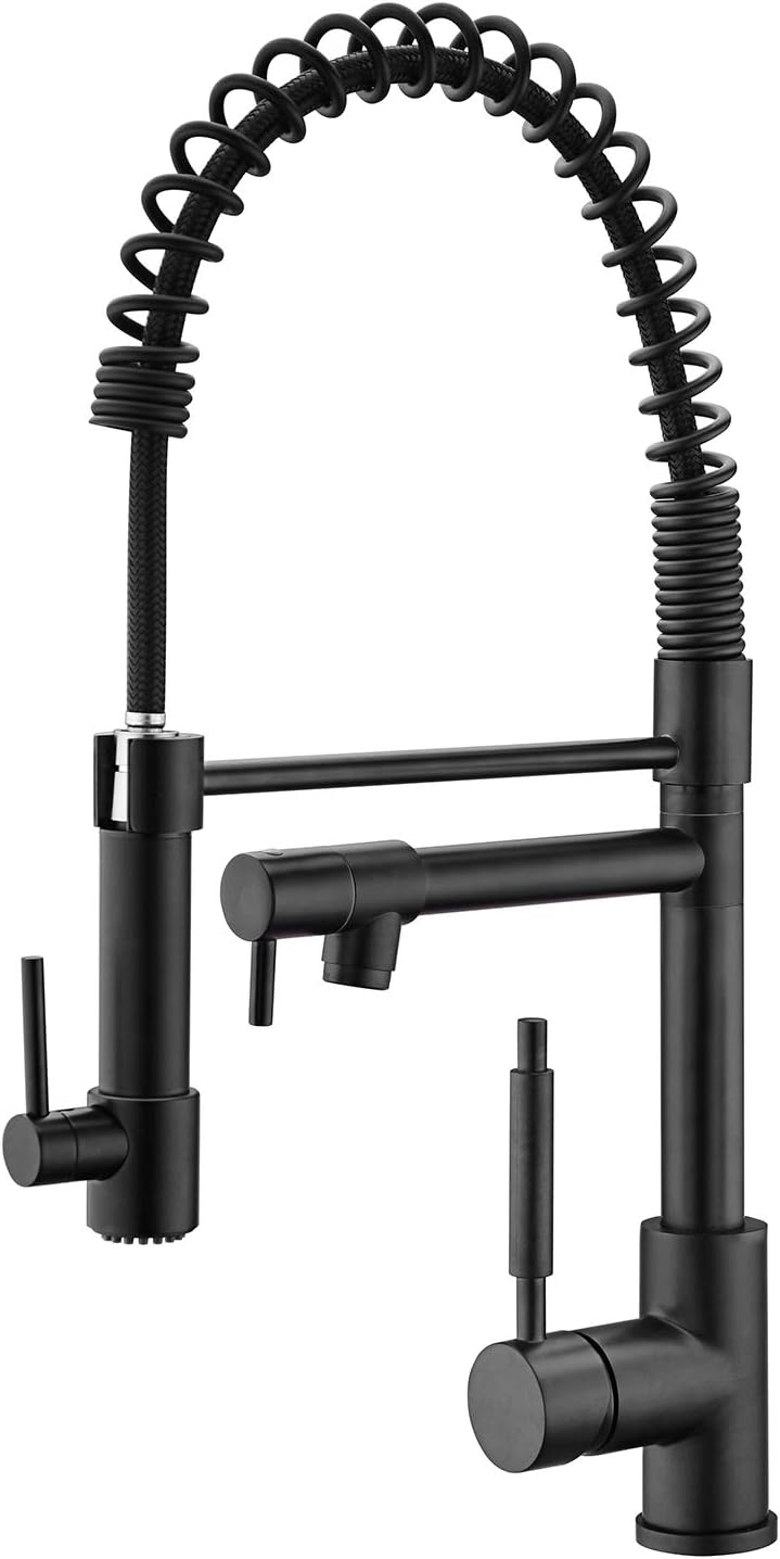UEKPOE Kitchen Faucet, Commercial Single Handle Solid Brass Kitchen Sink Faucet with Pull-Down Spring Spout and Pot Filler, Matte Black