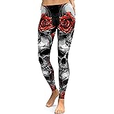 sissycos Women's Sugar Skull Leggings Buttery Soft Rose Flower Printed Halloween Stretchy Pants 28