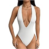 Milumia Women's Deep V Neck Halter Bodysuit Sexy Backless Slim Fit Going Out Top