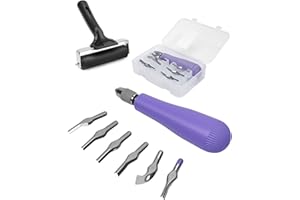UCEC Linocut Carving Tools Linoleum Cutter Assortment for Block Printing Lino Cutting Tools for DIY Rubber Stamp Carving Kit & Beginners 6 Blades Universal Size Purple With A Brayer Roller(4 Inch)